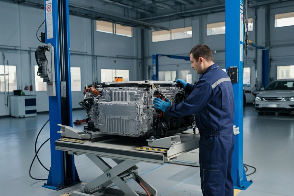 Kỹ thuật viên kiểm tra pin cao áp trên cầu nâng tại trung tâm dịch vụ BYD